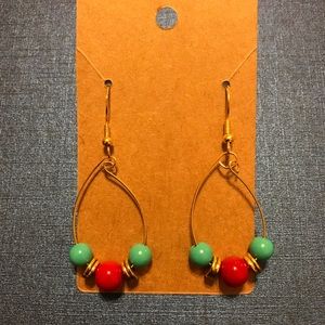 Red Turquoise Czech Druk Glass Beads Oval Hoop Earrings